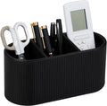 Aesthetic Remote Control Holder, PU Leather Pen Holder for Desk with 3 Compartments for Home Office Supplies and Accessories, Stylish Bedside Remote Holder Nightstand Desktop Organizer (Black)