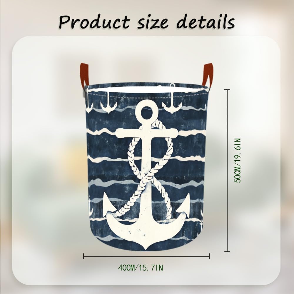 Laundry Baskets 15.7x19.7 Inch Large Nautical Anchor Design Collapsible Laundry Hamper with Handles Oxford Fabric Clothes Storage Bin Foldable Dirty Clothes Organizer for Bedroom Bathroom Dorm
