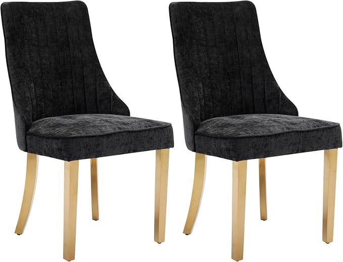 Dining Chairs Set of 2，Modern Channel Tufted Upholstered Dining Chairs with Golden Stainless Steel Legs, Comfortable Chenille Fabric Kitchen Chairs for Dining Room (Black, 2pc)