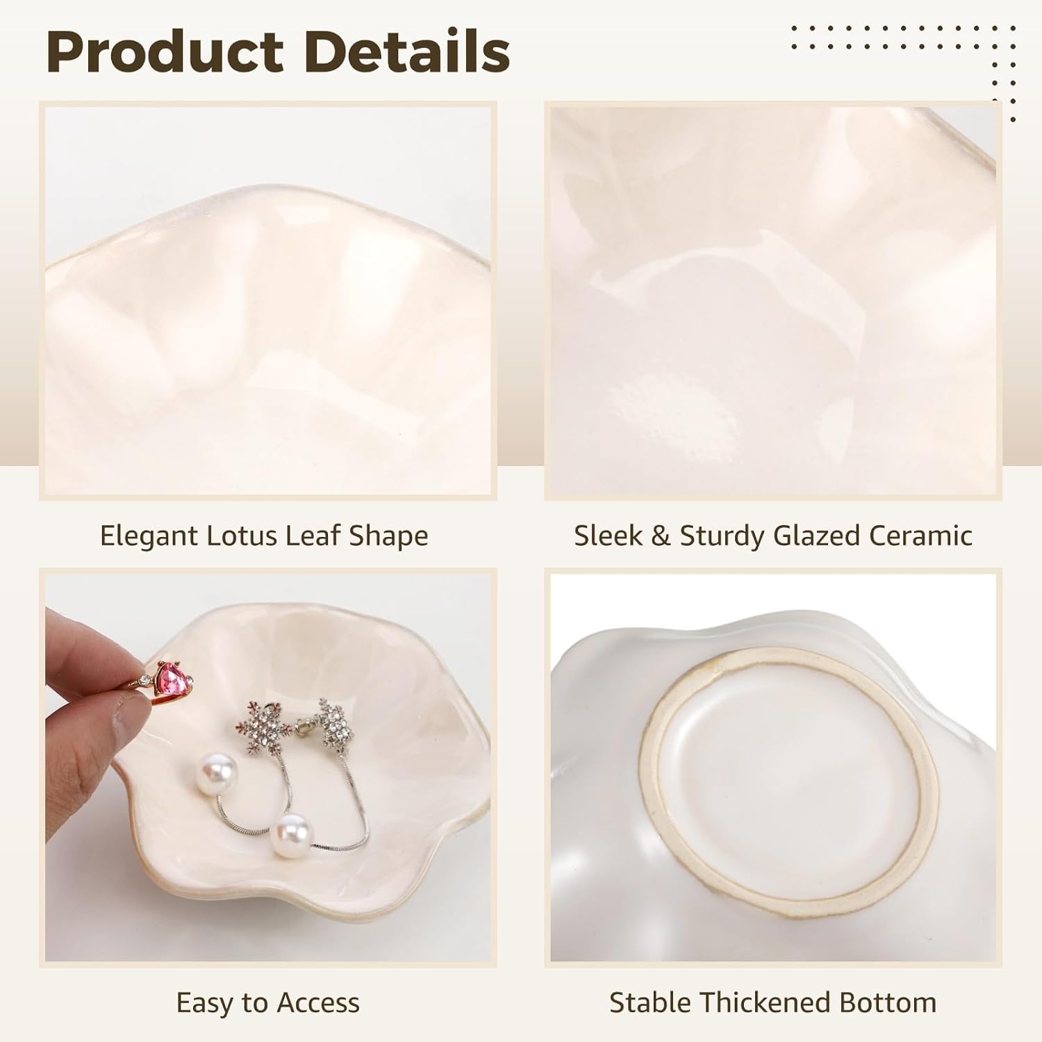 9 Pcs Ceramic Jewelry Dishes, Lotus Leaf Ring Trays, Gold Trim Trinket Tray | White glazed ceramic resists wear; 4.3x4.3x1.2 in; sloped edges prevent spills; for rings, keys & nightstand decor