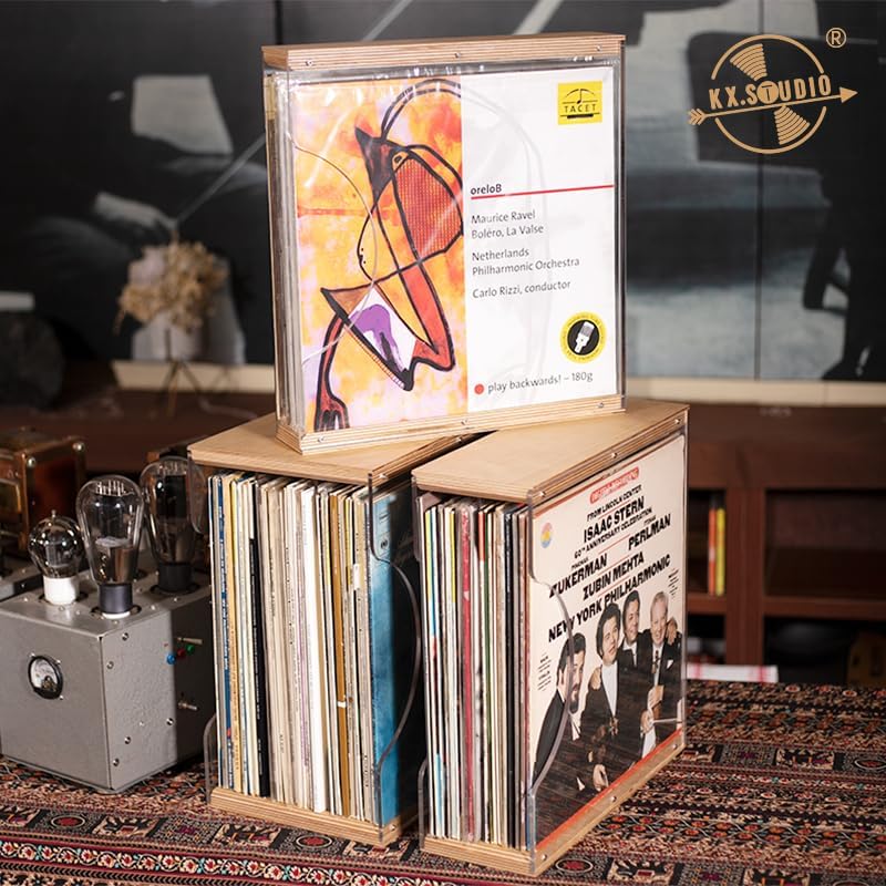 Vinyl Record Storage Holder,Stacks up to 30 Albums, Solid Wood & Clear Acrylic,Canbe stack,Premium Display, Simple and Contemporary Concept Design for 12” Records LP, DVDs, or CDs (composite board, 3)