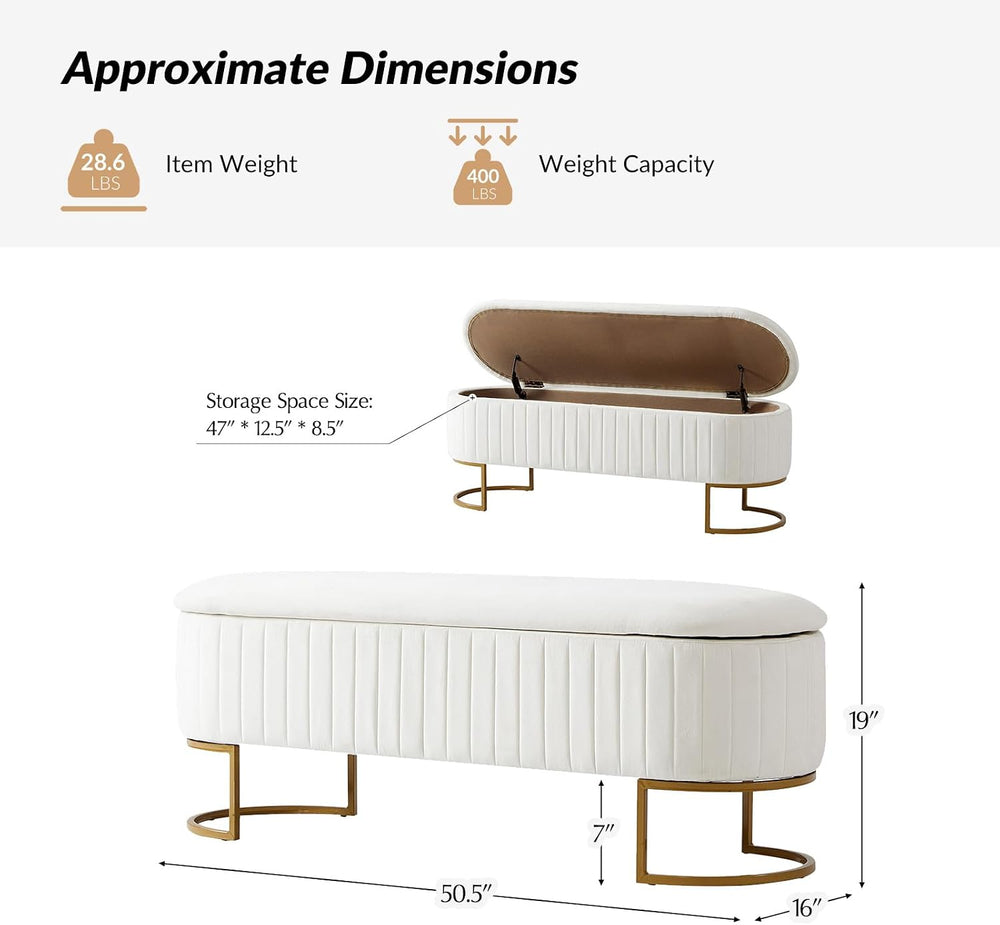 50.5” Velvet Storage Ottoman Bench with Gold-Toned Legs, Luxury Upholstered E...