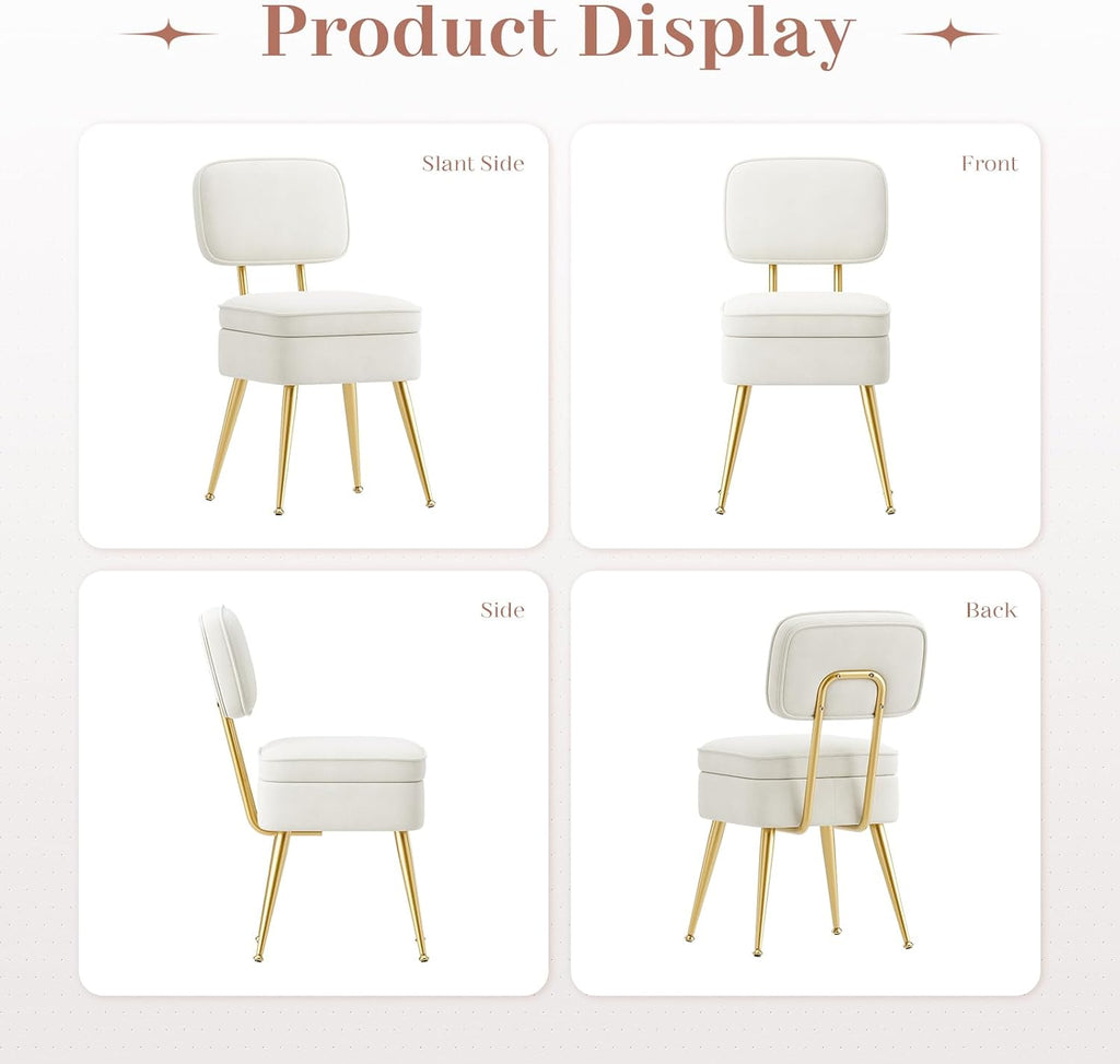 MALOL Velvet Makeup Vanity Chair with Storage and Back, Cute No Wheels Vanity Stool Ottoman with Golden Metal Legs for Bedroom Dressing Closet, Beige