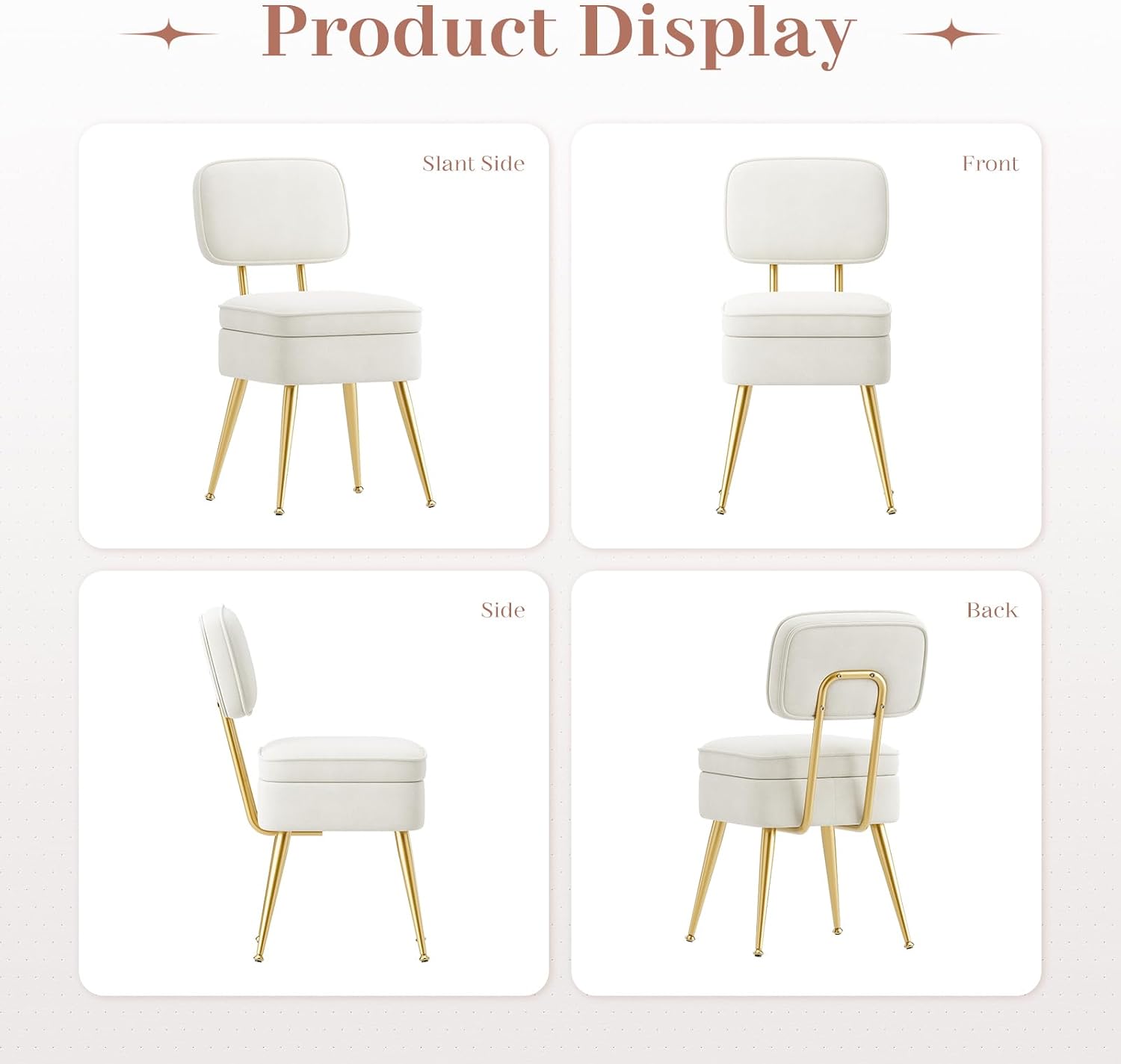 MALOL Velvet Makeup Vanity Chair with Storage and Back, Cute No Wheels Vanity Stool Ottoman with Golden Metal Legs for Bedroom Dressing Closet, Beige