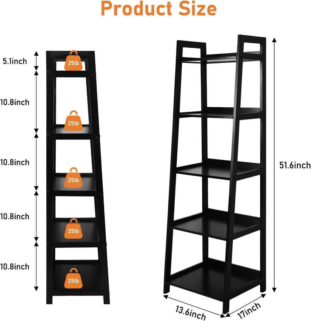 Acehome 5 Tier Ladder Shelf, Large Capacity Bookshelf with Steel Frame and Wooden Surface, for Living Room, Bedroom, Kitchen, Black