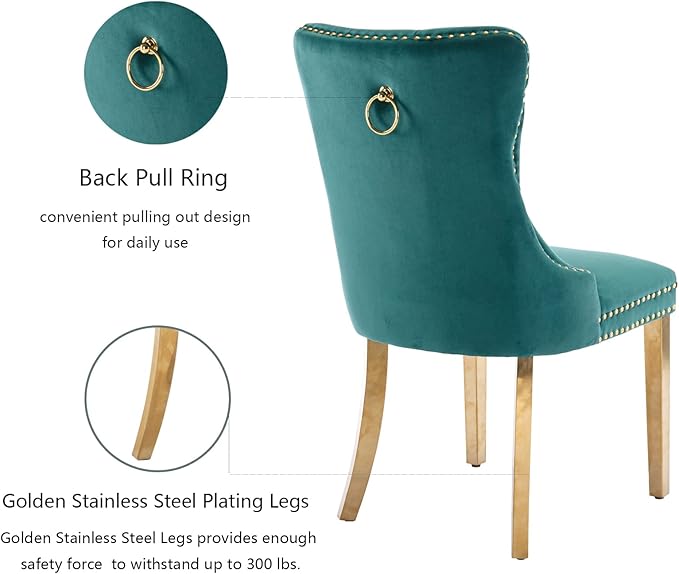 Velvet Dining Chairs Set of 6, Upholstered Dining Room Chairs with Back Ring Pull Trim and Golden Stainless Steel Legs,Modern Kitchen Chairs Perfect for Dining Room,Living Room,Kitchen(Green)
