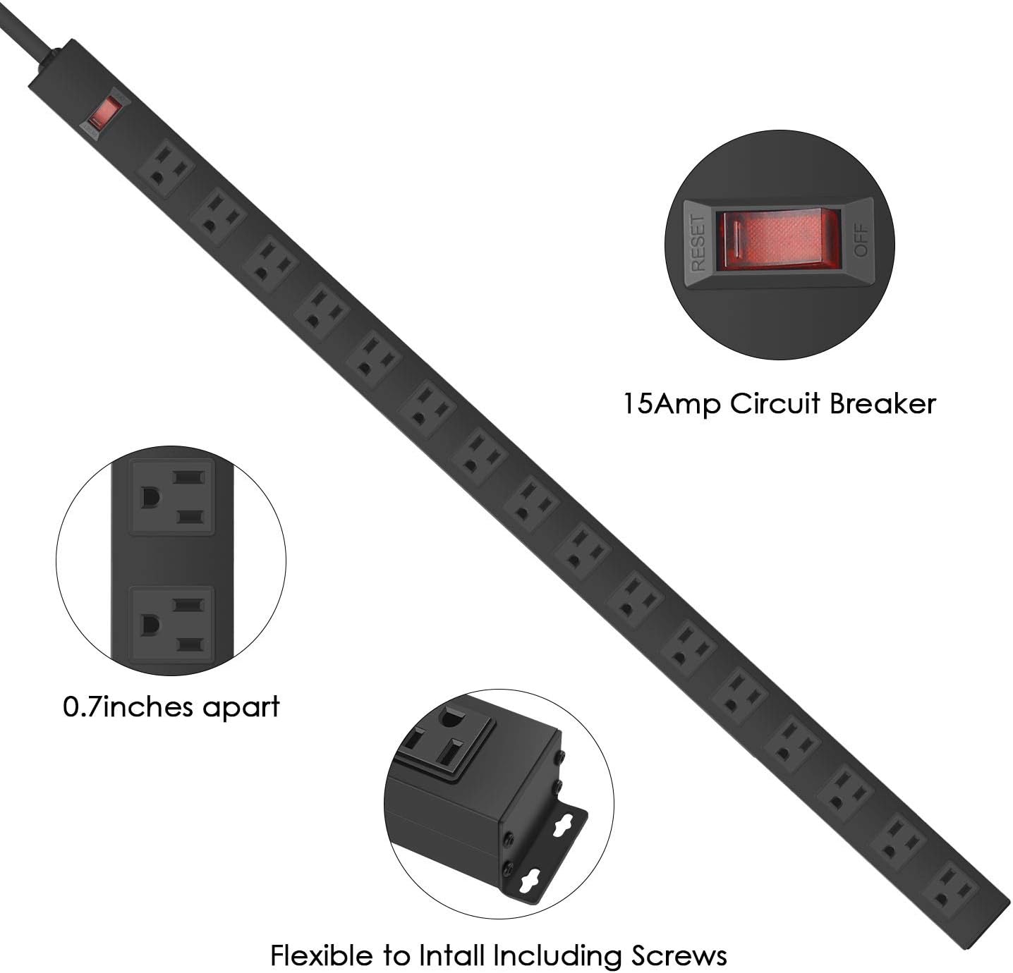 Metal Wall Mount Power Strip, Mountable Power Outlet, Aluminum Alloy Mount Power Socket with Switch, 6 FT SJT 3/C 14AWG Power Cord, 15A 125V 1875W (16 Outlet)