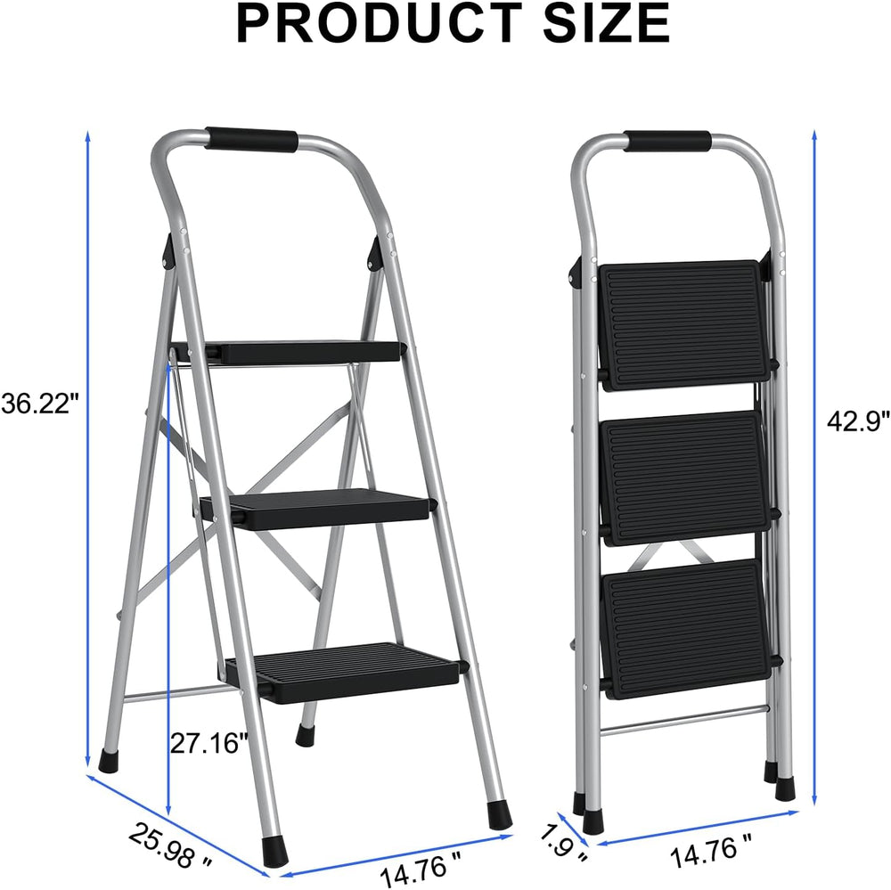 3 Step Ladder for Kitchen Step Stool, Lightweight Folding Step Stool with Cur...