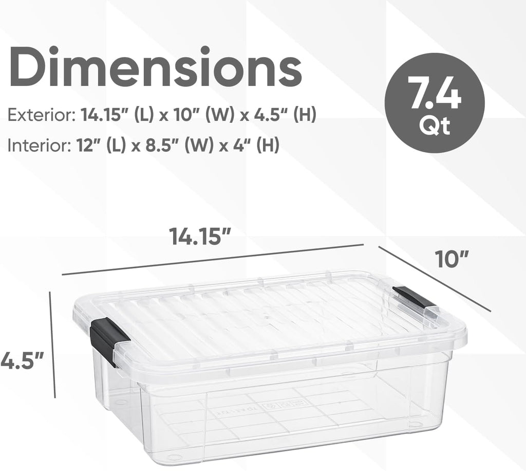 Superio Storage Bins with Lids- 8 Pack, 7.4 Qt Clear Boxes for Organizing, Stackable Plastic Containers- BPA Free, Non-Toxic, Odor Free, Organizer for Home, Office, Dorm