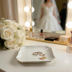 Vintage White Ceramic Jewelry Tray Ring Dish, Faux Mother of Pearl Inspired Flower Design, Decorative Small Square Floral Trinket Dish for Vanity Storage Wedding Decor (Beige Peony-Enamel)
