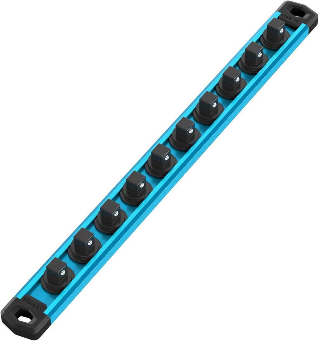 WORKPRO Magnetic Socket Organizer, 3/8-Inch Drive Aluminum Alloy Socket Rail, Heavy Duty Socket Holder, Socket Rack Kit 3/8-Inch x 10 Clips Sky Blue (Socket not Included)