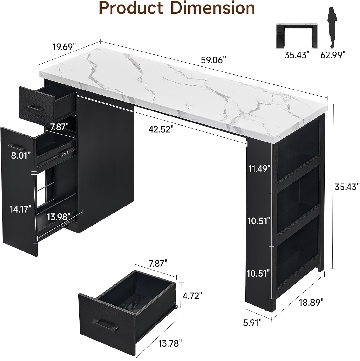 Kitchen Island Table, 59-Inch Modern Counter Height Dining Table | kitchen table w/Pull-Basket Drawer, 3-Tier Shelves,1.5"Thick Marble Tabletop, Bar Table for Dining Living Room Balcony Bistro