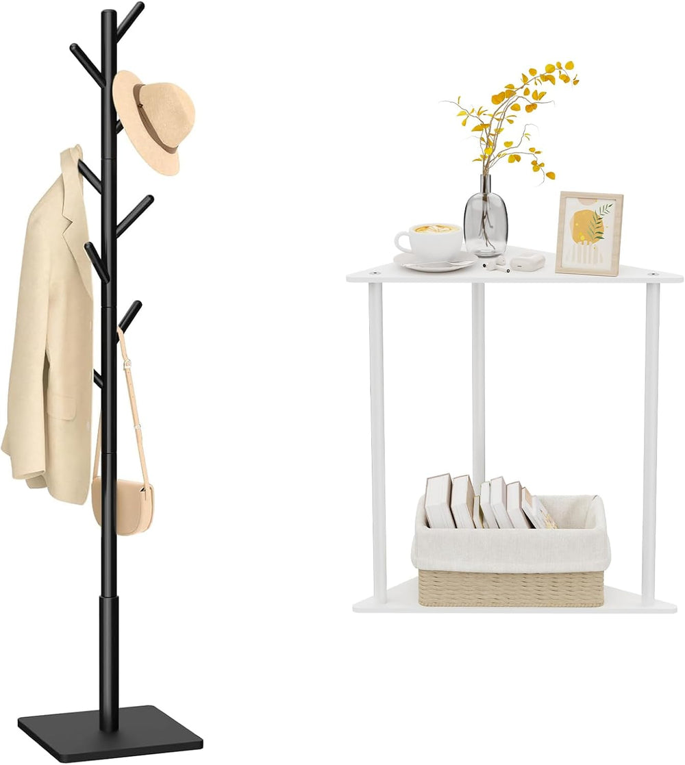 Yawinhe Metal Side Table,Small End Table with 2-Tier Storage Shelves,Coat Rac...