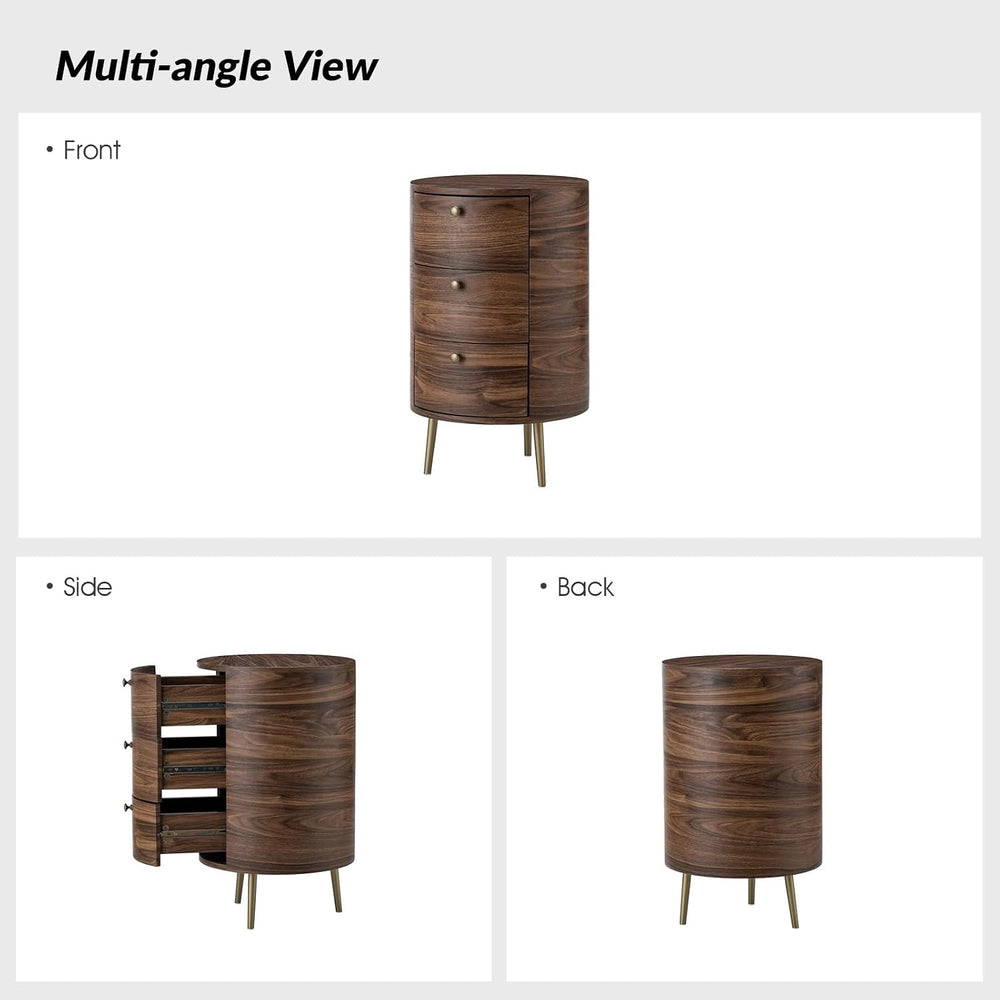 Mid Century Modern Round End Table with 3 Drawers, Small Wood Side Table with...