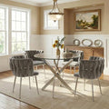 35" Round Glass Dining Table Set for 4, Modern Glass Dining Table Set with Velvet Woven Chairs, Beautiful 5-Pieces Furniture Set Suitable for Dining Room, Kitchen, Apartment and Home, Silver & Grey