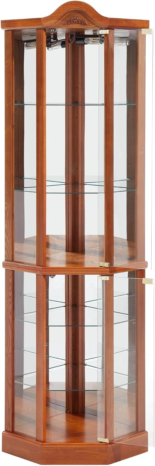 Classical Glass Cabinet Lighted, Wine Cabinet with Adjustable Glass Shelves, ...