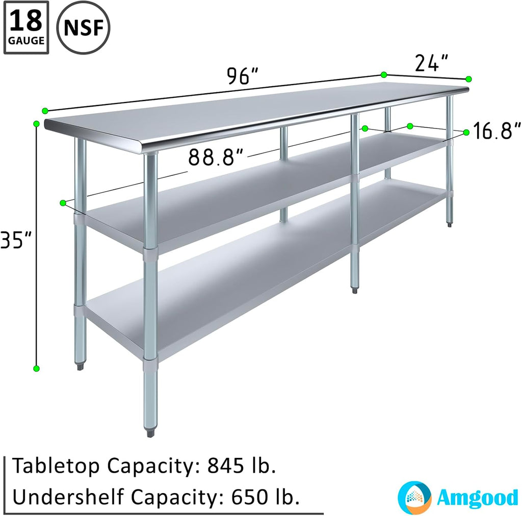 AmGood Stainless Steel Work Table with 2 Shelves | NSF | Metal Utility Table (96" Long x 24" Deep)