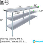 AmGood Stainless Steel Work Table with 2 Shelves | NSF | Metal Utility Table (96" Long x 24" Deep)