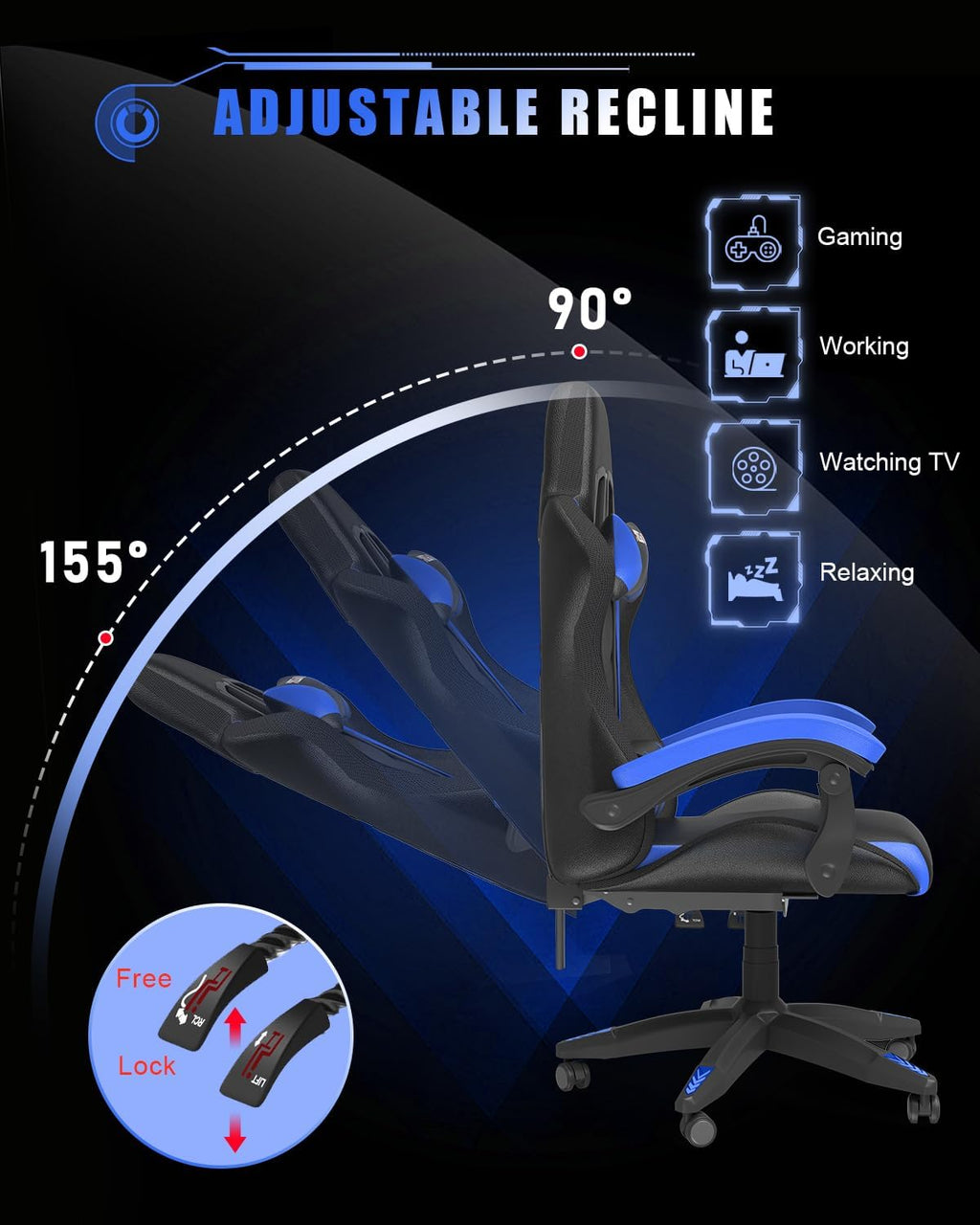 Bigzzia Gaming Chair with RGB LED Lights for Kids & Adults, High Back Ergonomic Computer Gamer Chair with Headrest and Lumbar Support, Racing Style Reclining Game Chair(Black/Blue)