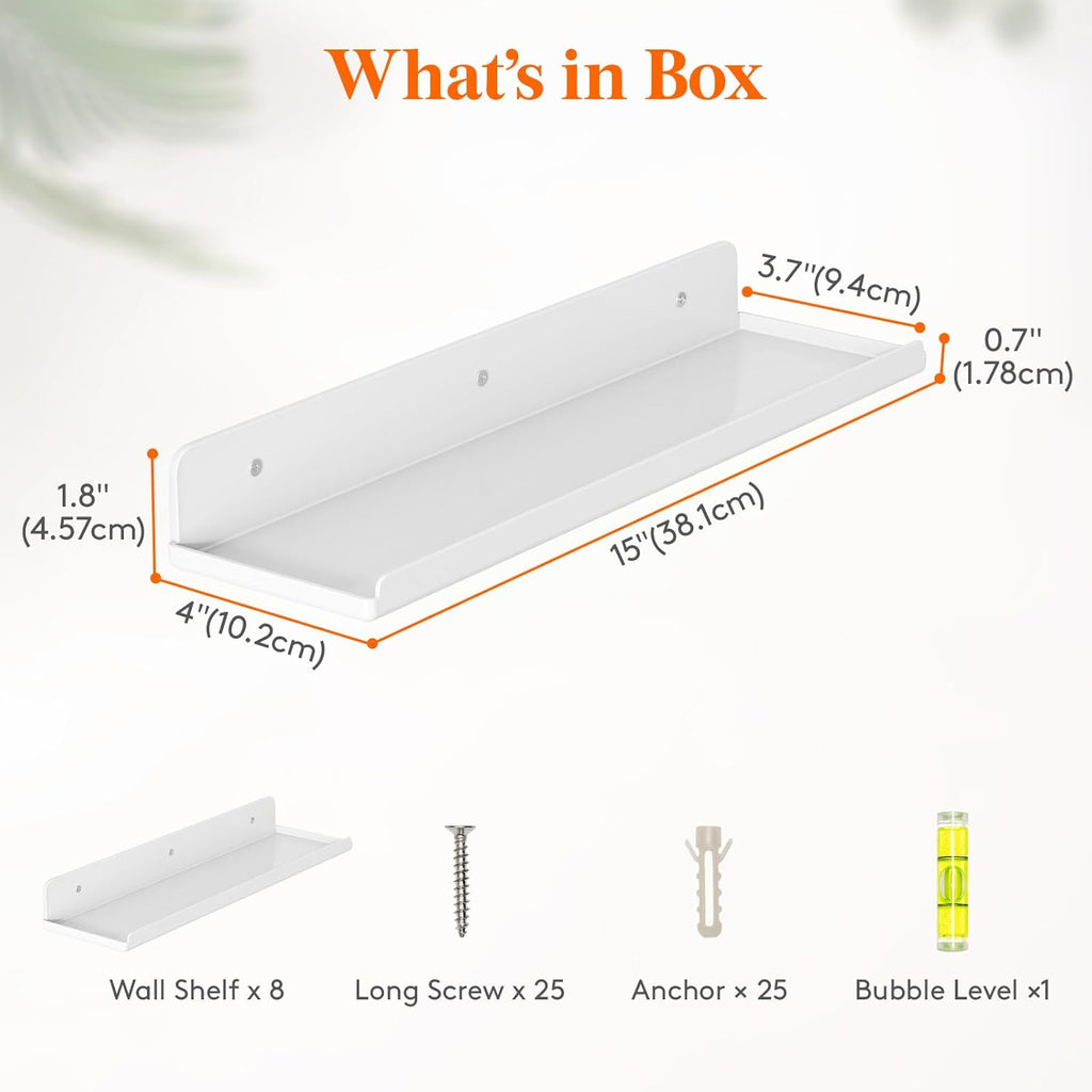 Lifewit Floating Shelves for Wall, 8 Pack White Acrylic Shelf 15" Room Decor for Bookcase/Vinyl Record Display/Photo/Picture in Bedroom, Living Room, Bathroom, Kitchen Storage and Organization