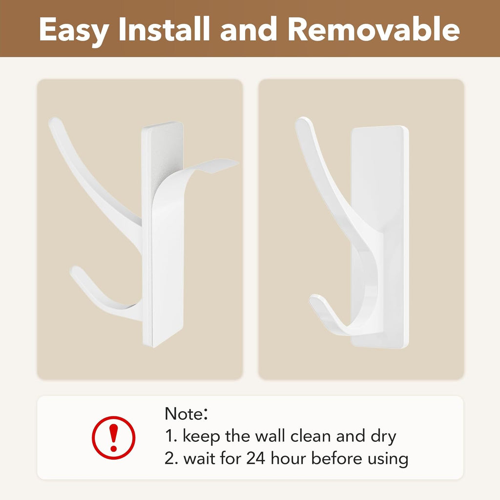 pickpiff White Self Adhesive Coat Hooks for Hanging, Heavy Duty Stainless Double Wall Hook for Towel, Backpack, Hat, Sturdy Metal Hanger for Bathroom, Bedroom, Door, Wall Mounted, 4-Pack