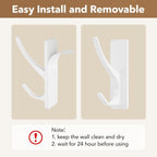 pickpiff White Self Adhesive Coat Hooks for Hanging, Heavy Duty Stainless Double Wall Hook for Towel, Backpack, Hat, Sturdy Metal Hanger for Bathroom, Bedroom, Door, Wall Mounted, 4-Pack