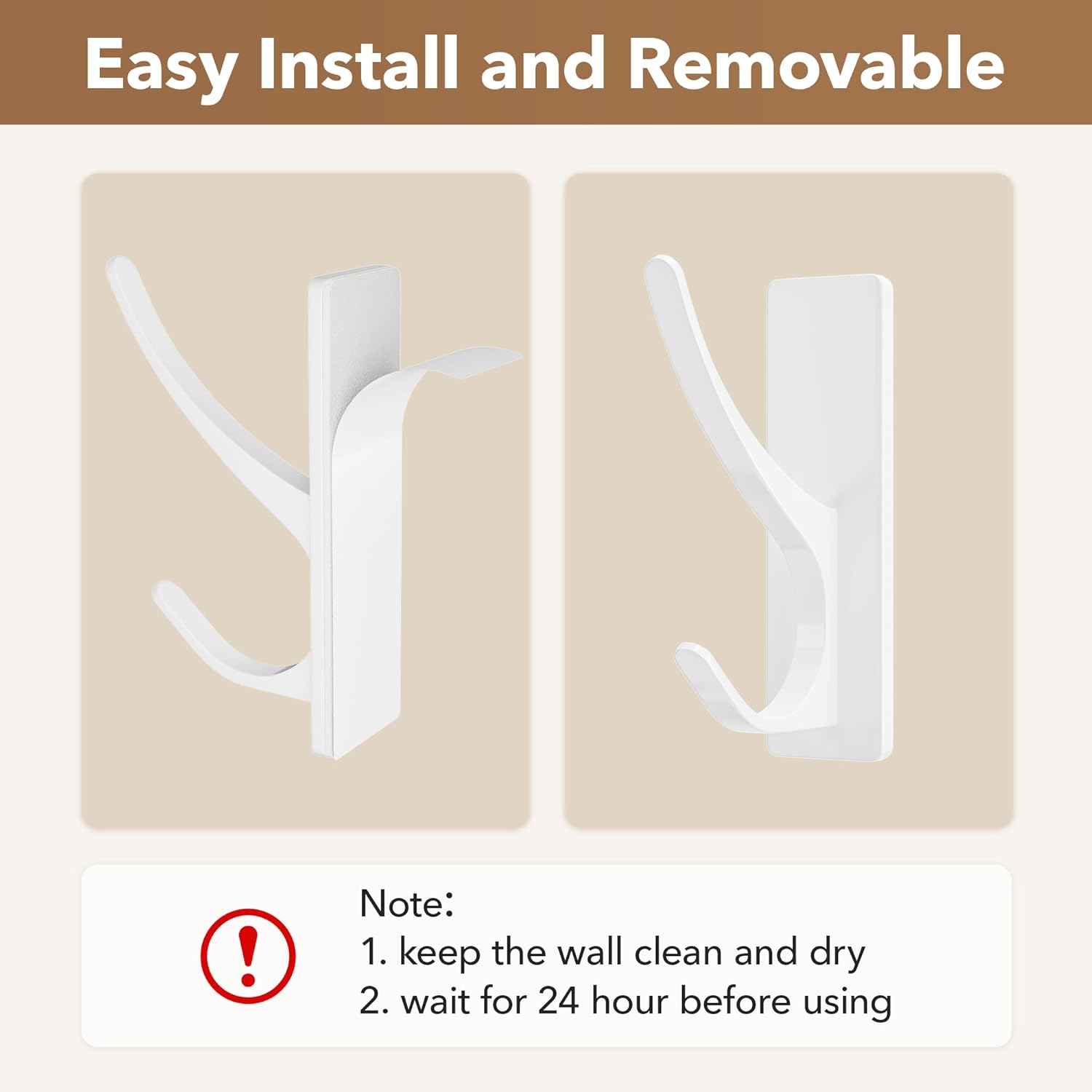 pickpiff White Self Adhesive Coat Hooks for Hanging, Heavy Duty Stainless Double Wall Hook for Towel, Backpack, Hat, Sturdy Metal Hanger for Bathroom, Bedroom, Door, Wall Mounted, 4-Pack