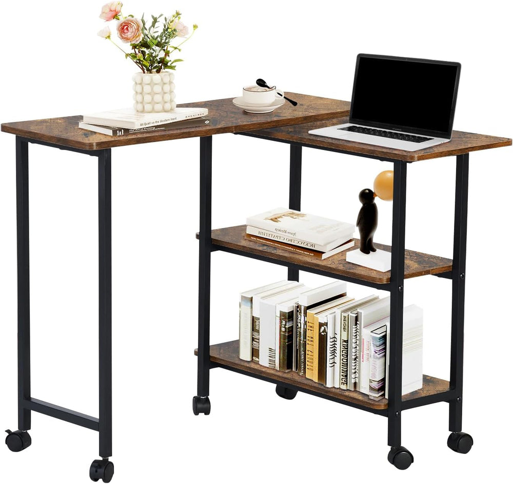 FurnitureR 360° Rotating Sofa Side Table with Storage Shelves, Mobile L-Shape...