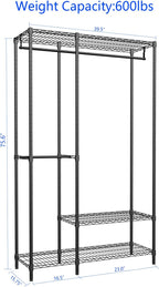 Heavy Duty Garment Rack for Hanging Clothes,Wire Metal Clothing Rack,Adjustable Portable Clothing Rack,Freestanding Open Wardrobe Organizer Rack,39.5"L x 15.75"W x 75.6"H Max Load 600LBS,Black