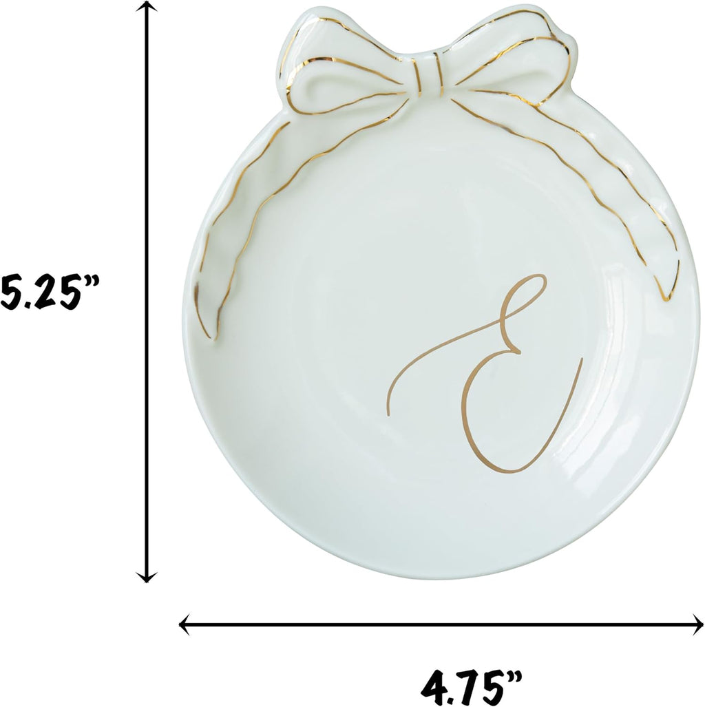 COLLECTIVE HOME - Personalized Initial Ceramic Jewelry Tray with Bow, Christmas Gift Ideas for Women, Small Gift for Girlfriend Wife, Ring Holder, Earrings Dish, Birthday Gift for Her (E)