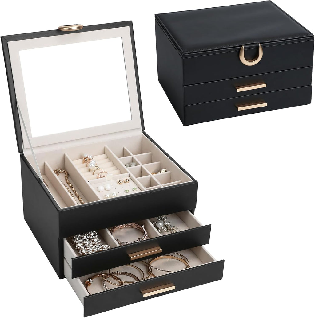 Women's Luxury Jewelry Armoire with Mirror - Compact 2-Drawer Chest with Ring Rolls & Necklace Hooks, Ideal Gift for Women Black
