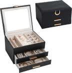 Women's Luxury Jewelry Armoire with Mirror - Compact 2-Drawer Chest with Ring Rolls & Necklace Hooks, Ideal Gift for Women Black