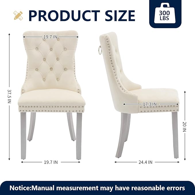 Velvet Dining Chairs Set of 2, Kitchen & Dining Room Chairs, Upholstered Dining Chairs with Back Ring Pull and Silver Solid Wood Legs, Modern Tufted Kitchen Chairs for Dining Room, Cream