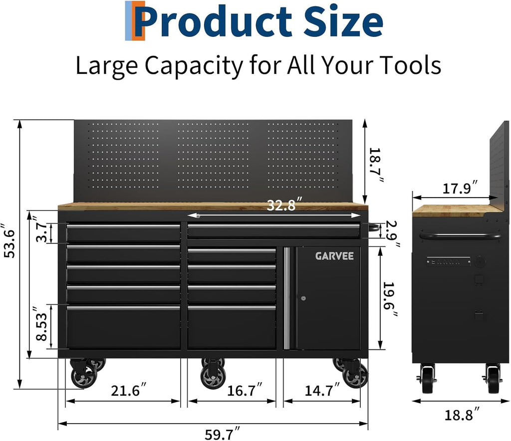 Garvee 60 in Rolling Tool Chest, 10 Drawers Mobile Garage Tool Cabinet | Heavy Duty 1750 LBS Load Workbench with Pegboard & Charging Station for Workshop, Black