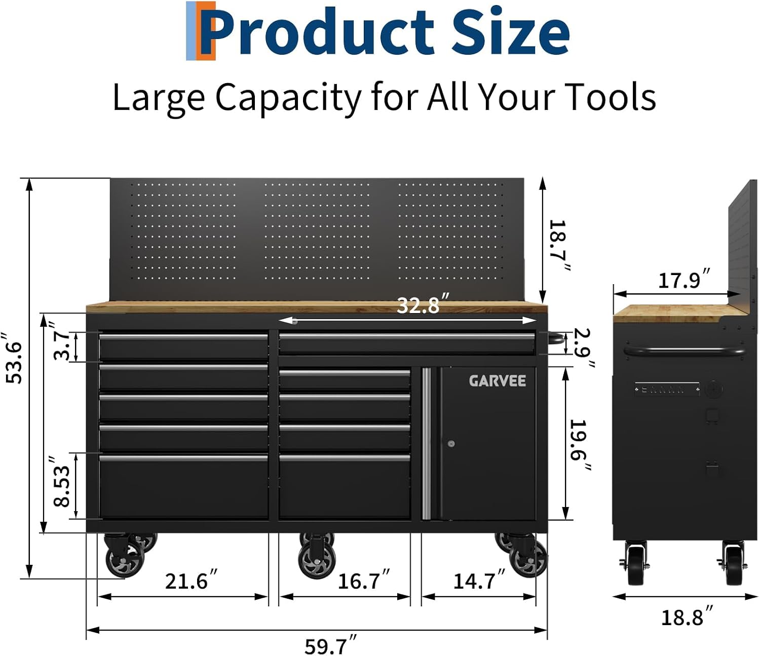Garvee 60 in Rolling Tool Chest, 10 Drawers Mobile Garage Tool Cabinet | Heavy Duty 1750 LBS Load Workbench with Pegboard & Charging Station for Workshop, Black