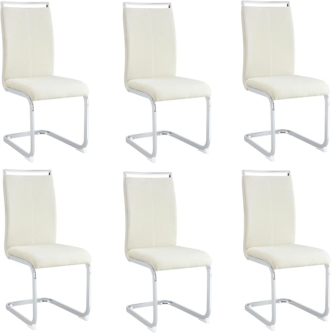 AZmac Modern Dining Chairs Set of 6,Armless Kitchen Chairs,Dining Room Chairs with Upholstered Padded Seat and Sturdy Silver Chrome Meatl Legs for Dining Room,Kitchen (White-Fabric, Set of 6)