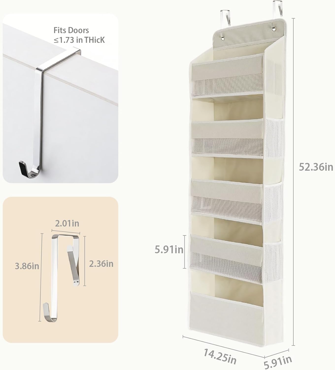 Over the Door Organizer, Door Storage Organizer with Large Capacity Pockets, Hanging Shelves for Bedroom, Closet, Dorm, Pantry (Beige, 5-Tier)
