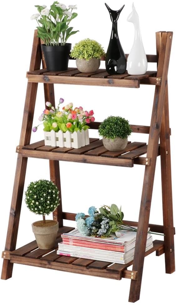 Yaheetech Wooden Plant Stand, 3 Tier Plant Stand, Foldable Ladder Shelves | Ladder Plant Stand & Outdoor Plant Shelf with Wall-Leaning Design for Living Room, Bedroom, Balcony or Patio; Simple Assembly