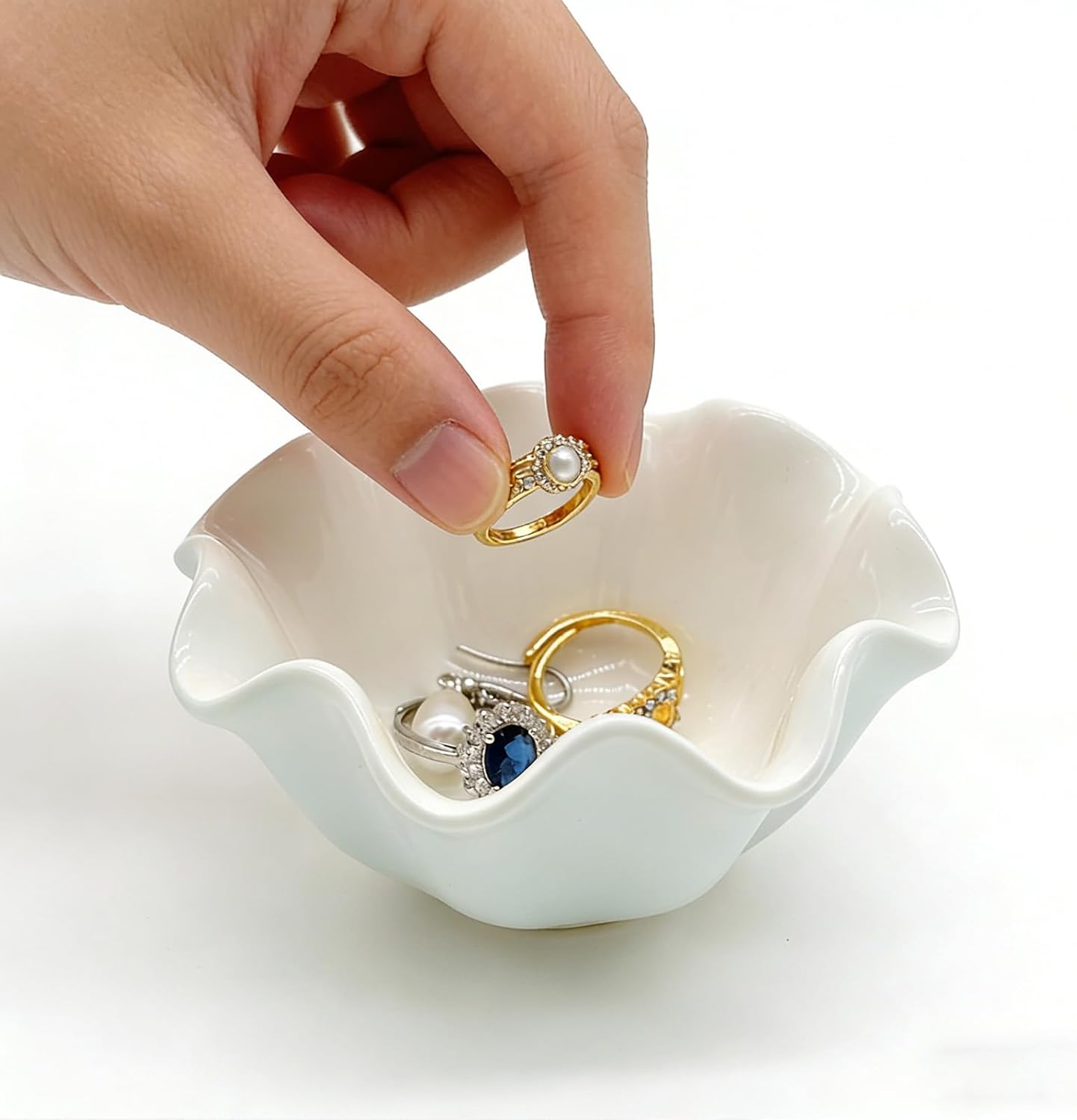 White Flower Jewelry Dish, 3.5″ Lotus Jewelry Bowl Ring Holder, Ceramic Jewlery Tray Cute Vanity Nightstand Bathroom Room Decor Trinket Dish Valentine's Friendship Birthday Gifts for Women Mom