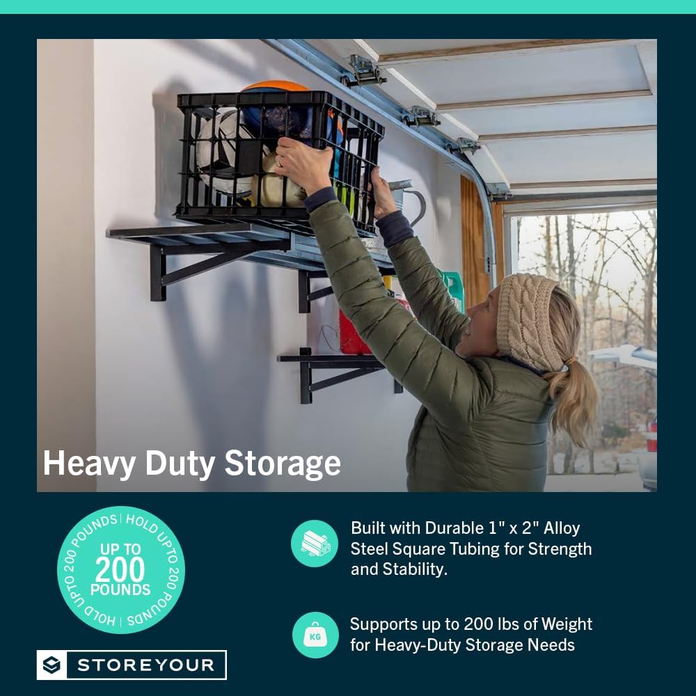 StoreYourBoard Heavy Duty Garage Shelf Wall Mount 1ft x 2ft – Wall-Mounted Shelving for Storage & Organization – Heavy Duty Garage Shelves for Tools, Bins, & Equipment – Holds 200 lbs - Black