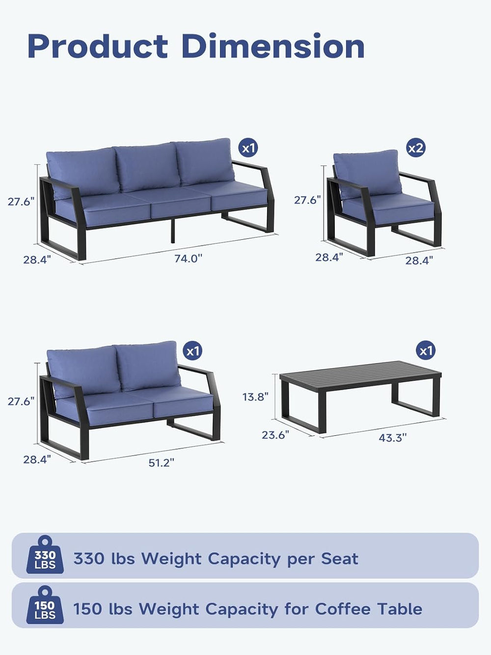 Oversized Outdoor Modern Patio Sofa for 3, 5" Thick Cushions, Deep Seat ...
