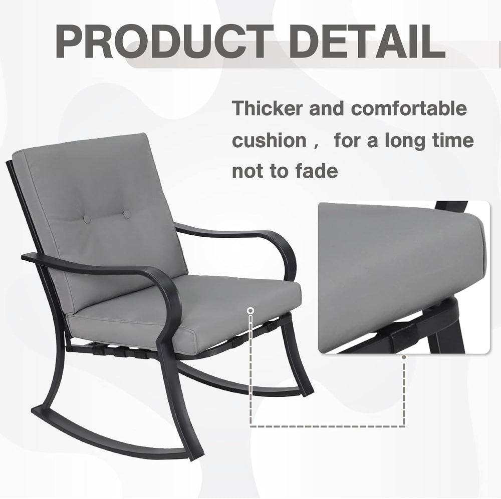 Outdoor 3-Piece Rocking Chairs, Patio Bistro Furniture Set, 2 Black Steel Roc...