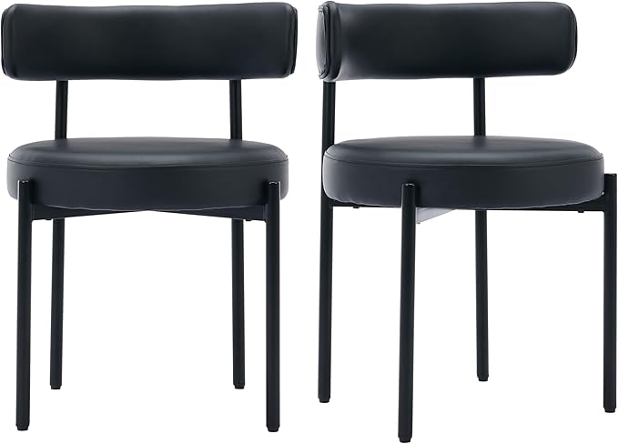Faux Leather Dining Chairs Set of 2, Upholstered Kitchen and Dining Room Chairs, Mid-Century Modern Dining Chairs with Round Back and Black Metal Legs, Vegan Leather, Black