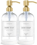 Vine Creations Clear Glass Soap Dispenser, 2 Pack Kitchen Soap Dispenser Set with Stainless Steel Pump, 16 oz Dish Soap and Hand Soap Dispensers for Bathroom with Waterproof Labels