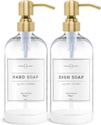 Vine Creations Clear Glass Soap Dispenser, 2 Pack Kitchen Soap Dispenser Set with Stainless Steel Pump, 16 oz Dish Soap and Hand Soap Dispensers for Bathroom with Waterproof Labels