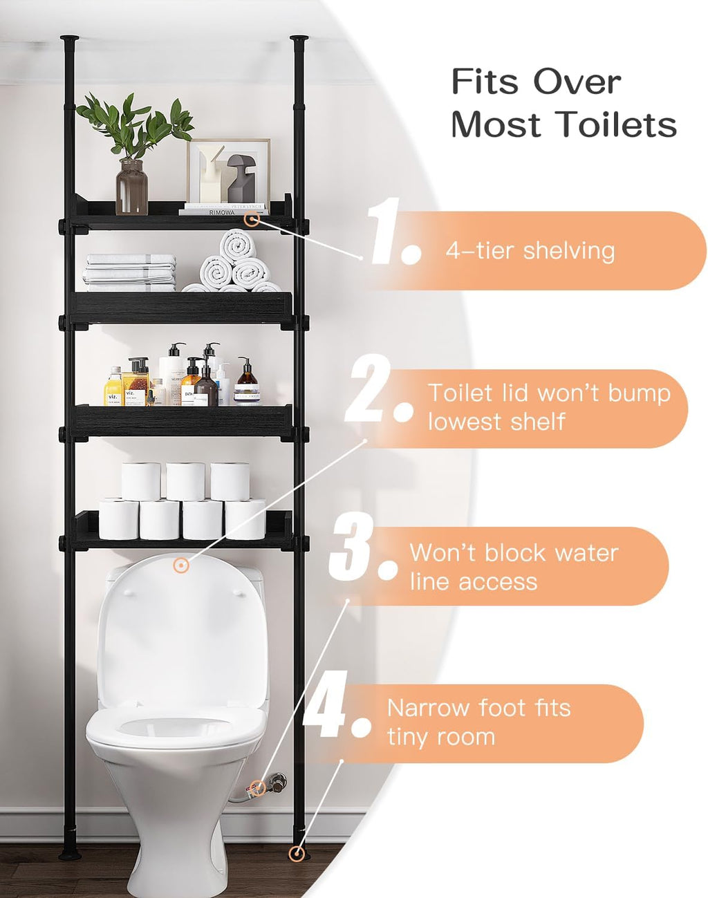 ALLZONE 4 Tier Over The Toilet Storage, Adjustable Wood Over Toilet Bathroom Organizer, Freestanding Shelves, Fit Most Showers Over The Toilet Shelf, 92 to 116 Inch Tall, Black