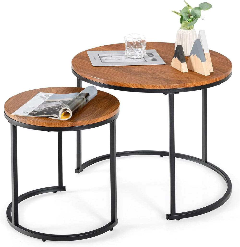CASART Set of 2 Nesting Tables, Stacking Sofa Side Tables, Wooden Top & S...