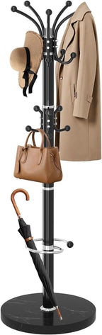 Metal Coat Rack, Modern Coat Rack Stand, 360°Rotary Coat Tree Stand | Heavy Duty Coat Rack Freestanding with Natural Marble Base, Black Clothes Tree Hanger Stand with 14 Hooks & Umbrella Holder