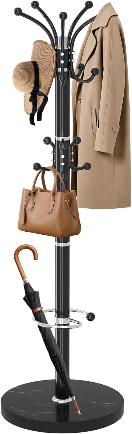 Metal Coat Rack, Modern Coat Rack Stand, 360°Rotary Coat Tree Stand | Heavy Duty Coat Rack Freestanding with Natural Marble Base, Black Clothes Tree Hanger Stand with 14 Hooks & Umbrella Holder