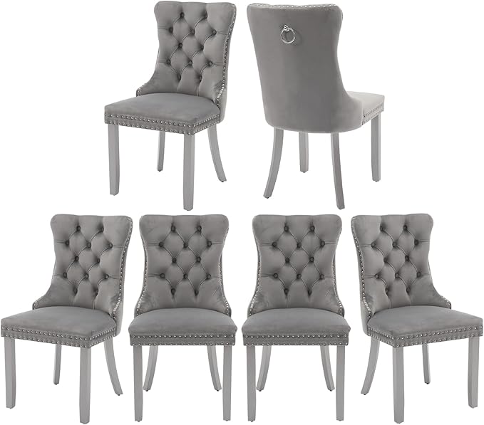 Velvet Dining Chairs Set of 6, High-end Tufted Upholstered Dining Chair with Back Ring Pull, Nailhead Trim and Silver Solid Wood Legs, Modern Dining Room Chairs for Dining Room, Light Gray